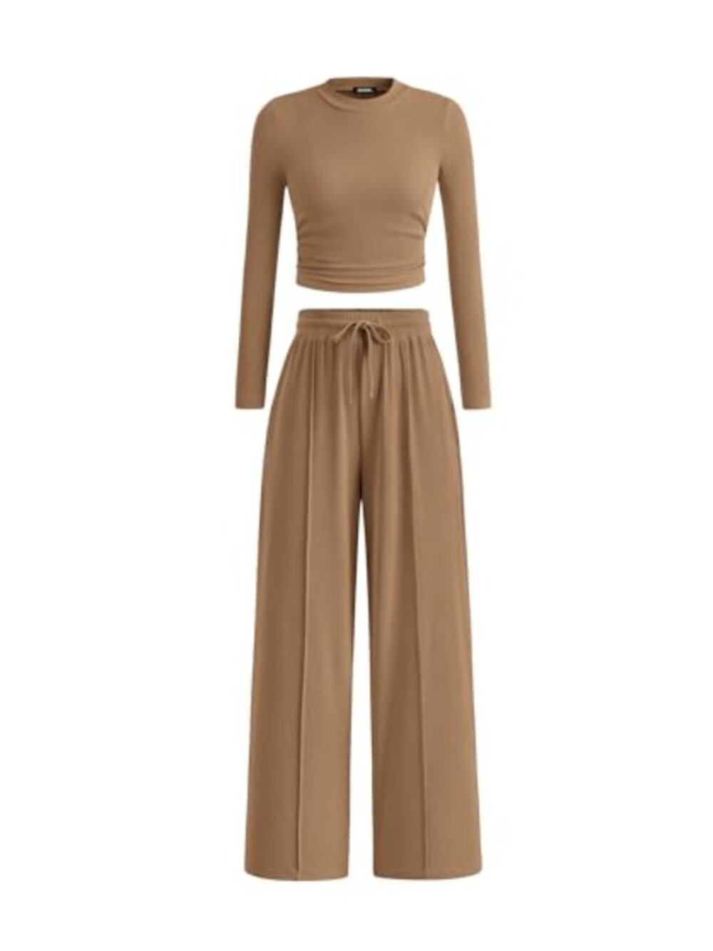 Women's 2-Piece Lounge Set Ribbed Knit Crew Neck Long Sleeve Crop Top Wide Leg
